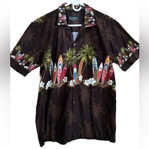 Favant Cotton Brown Hawaiian Colorful Surfboard Palms Beach Shirt Mens Size M